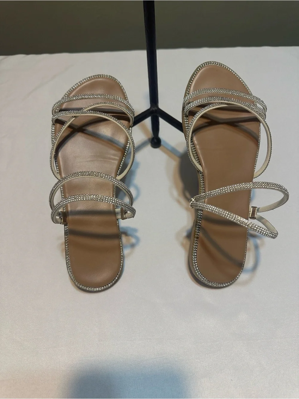 Strappy Rhinestone Sandals in Beige — Elegant Evening Flat